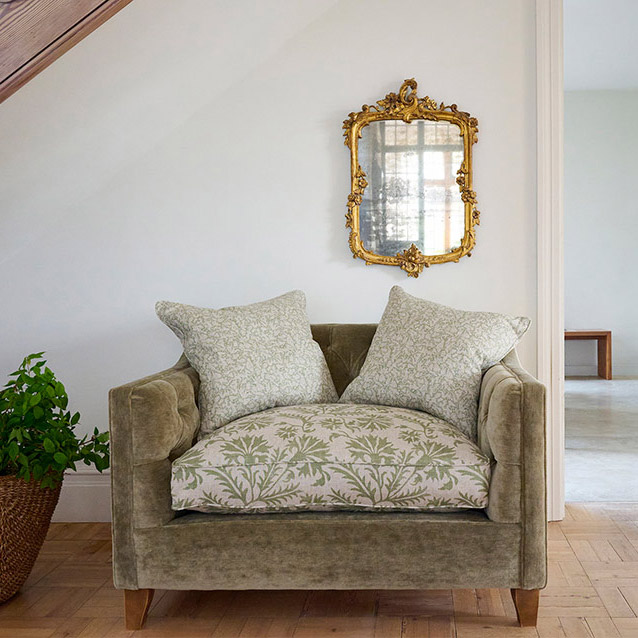 Haresfield Snuggler Dipped Arms in Mohair Lichen Seat Cushion in RHS Gertrude Jekyll Meadow Flower Olive and Scatters in RHS Gertrude Jekyll Folklore Olive